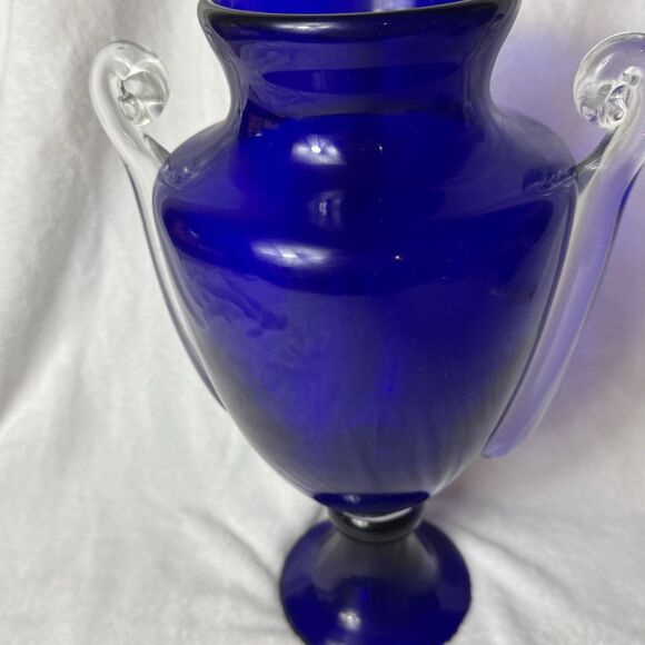 Vintage Cobalt Blue Glass Trophy Vase with Clear Handles 13" - Picture 9 of 10